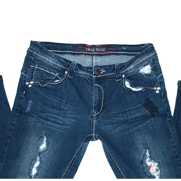 TRUE ROCK Mid-Rise Blue Jeans Size 17/18 Embellished Distressed Patched (34X30) - Picture 6 of 14